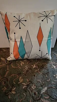 Brand New Teal/Orange/Gray Grid Square Linen Mid Century Square Pillow! • $25