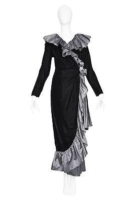 Vintage Yves Saint Laurent Ysl Black Velvet & Silver Taffeta Ruffle Gown • $2200