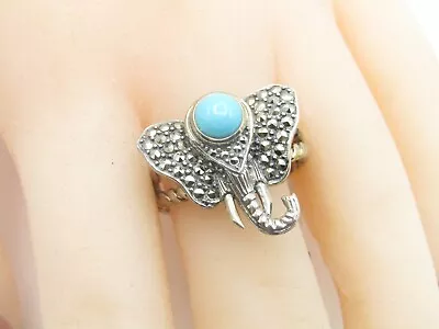 TURQUOISE & MARCASITE ELEPHANT RING Sterling Silver 925 NWT Size 9 RG12 • $30.59