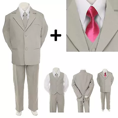 $51.99 • Buy New 6pc Extra Neck Tie + Boy Infant Toddler Light Gray Formal Suit Tuxedo S-20