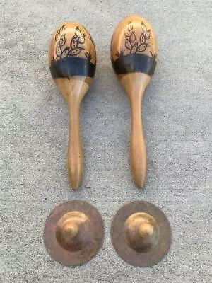 Vintage Hand Painted Wooden Maracas & Brass Cymbals Percussion Instrruments • $15.95