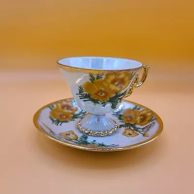 Vintage Ucagco August Poppy Pearlized Tea Cup Saucer Gold Trim Fine China Decor • $19.97