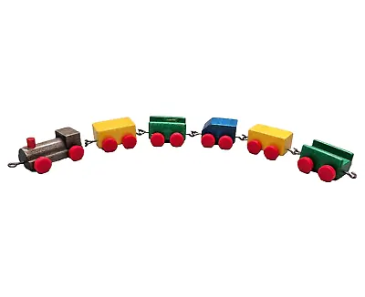 Vintage Wooden Miniature Toy Train Set Locomotive With 5 Wagons Colorful Decor • $17.95