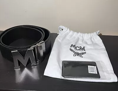 New MCM Silver Buckle Claus Reversible Leather Belt 25-30 Waist  - Black • $139.99