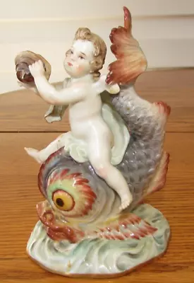 RARE Antique 19th Century Meissen Porcelain Figurine Cupid Dolphin Horn 1744 • $106.50