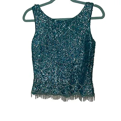 Vintage 60s Womens Tank Top Size Small Teal Blue Sequin Beaded Embellished Knit • $49.49