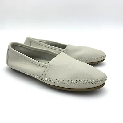 VTG Minnetonka Moccasin Comfort Loafers W 5.5 White Leather Slip On Nubby Soles • $9.99