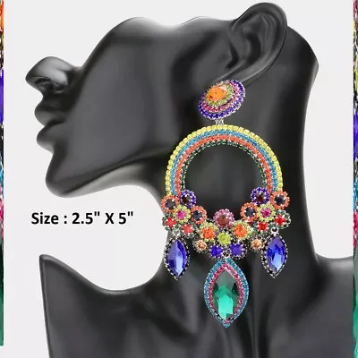 Oversized Crystal Rhinestone Cocktail Pierced Chandelier Earrings Hoop Circle  • $21.99