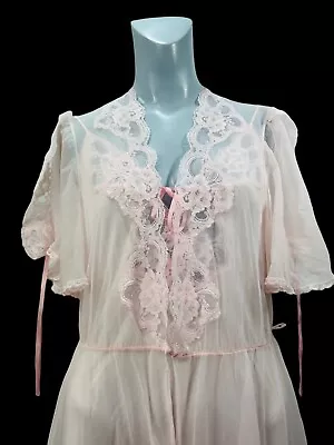 Vtg Women's Val Mode Lingerie Pink Peignoir Set L Floral Lace Ribbon Accent • $65