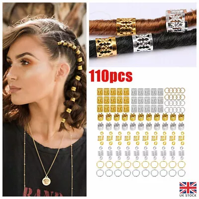 110Pcs Hair Braid Coil Rings Hollow Cuffs Beads Dreadlocks Clips Accessories UK • £6.29