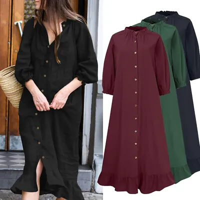 AU STOCK Women Cotton Linen 3/4 Sleeve Casual Holiday Oversized Long Shirt Dress • $19.75