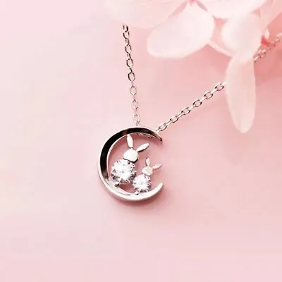 £6.20 • Buy UK Silver Cute Small Rabbits Mother & Child Or Couple On Moon Necklace A12