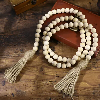 59  Wooden Bead Garland Farmhouse Rustic Tassle Prayer Beads Hanging Decor TTUS • $7.45