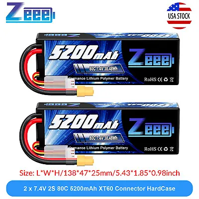 2x Zeee 2S LiPo Battery 5200mAh 7.4V 80C XT60 Hardcase For RC Car Truck Truggy • $34.44