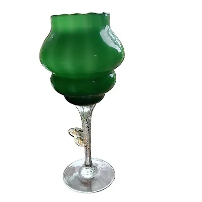 Vintage Mid Century Empoli Green Glass Vase Candleholder 10  Tall Clear Stem MCM • $14