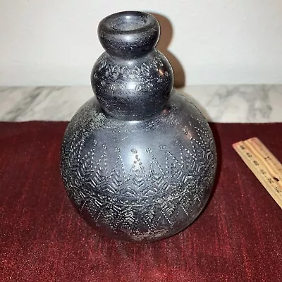Signed Vintage Oaxacan Black Clay Artisan Flower Vase   6”Etched 4 X 6” High • $14.99