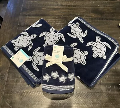 4pc CARO Home (2) Bath Towels (2) Hand Towel Blue Turtles Nautical Ocean Beach • £94.98