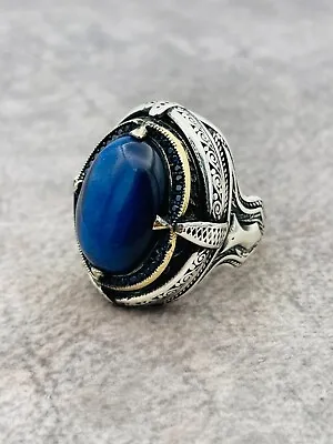 Men Blue Lapis Lazuli Stone 925 Silver Ring Authentic Big Large Stone Gift Him • $71.40