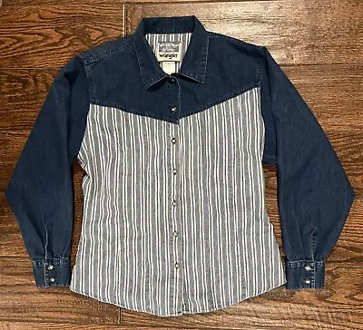 Vintage Wrangler Western Denim Metal Button Striped Long Sleeve Shirt Size Small • $18.50