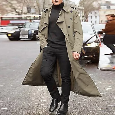 Men's Classic Lapel Long Trench Coat Jacket Windbreaker Outwear Casual OvercoatA • $41.29