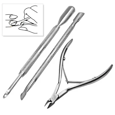 Stainless Steel Nail Cuticle Spoon Pusher Remover Cutter Nipper Clipper Cut Set • £3.99