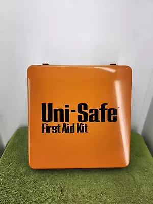 Vintage UNI-SAFE First Aid Kit Orange White Metal Box Only Collectible DIY • $29.99