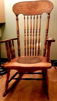 Antique Oak Tall Armed Pressed Back Rocking Chair – Leather Seat Insert  • $135.99