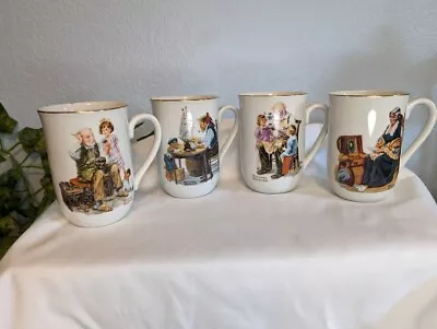 VINTAGE SET Of 4 Norman Rockwell Museum Coffee Mugs Cups White Gold Trim 1982 • $20