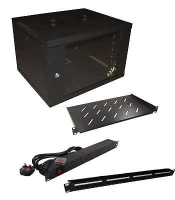 6u 450mm Deep WALL MOUNT 19  CABINET + 24 Port CAT6 PANEL + 4 Way PDU + SHELF • £125.06