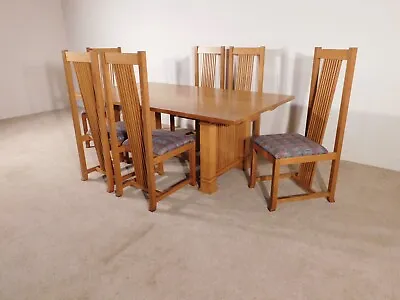 Frank Lloyd Wright Style Quarter Sawn Tiger Oak Dining Table 2 Leaves Six Chairs • $7995