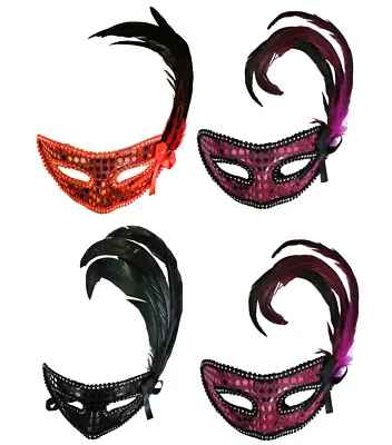 Halloween Sequin Eye Mask With Feather Detail Masquarade Fancy Dress Multi-pack • £7.99