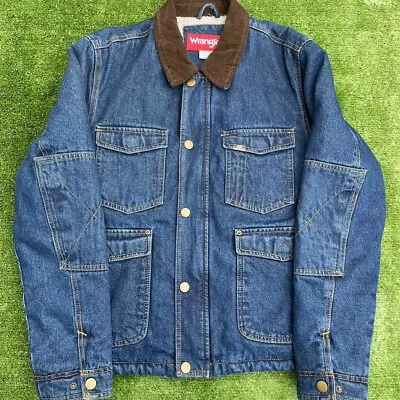 80s-90s Style Wrangler Blue Denim Jacket Sherpa Lined Brown Corduroy Collar  • $40
