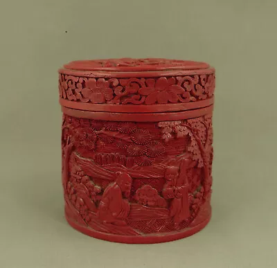 VTG Chinese Cinnabar Lacquer Look Covered Box SHOULAO & FIGURES IN FOREST • $5