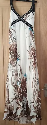 NWT White/Brown Floral Halter Neck Maxi Dress Size 10 • £12.99