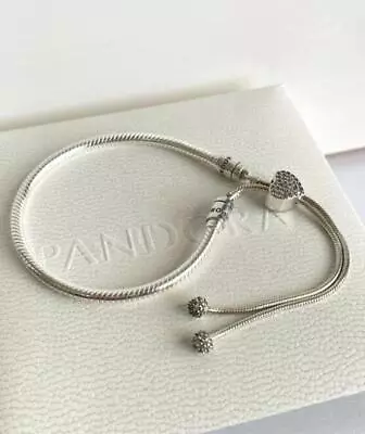 Pandora 925 ALE Silver Adjustable Pave Heart Snake Slider Charm Bracelet In Box • £25.98