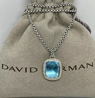 David Yurman Sterling Silver Noblesse 12x10 Blue Topaz Diamond Pendant Necklace • $395