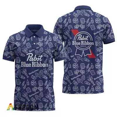 Pabst Blue Ribbon Polo With Blue Doodle Art Design HU • $31.90