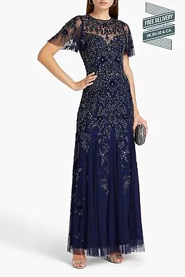 RRP €671 AIDAN MATTOX Tulle Maxi Beaded Gown US8 UK12 IT44 L Flutter Sleeve • $161.85