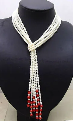 3 Strands 4mm White Jade 6mm Red Coral Round Gems Beads Lariat Necklace 50 Inch • $14.38