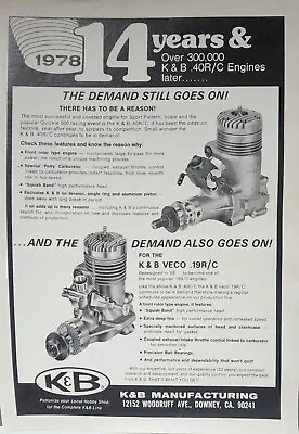 1980 K&B .40 RC Engines Vintage Print Ad Wall Art Decor Veco .19 Quickie 500 • $17.99