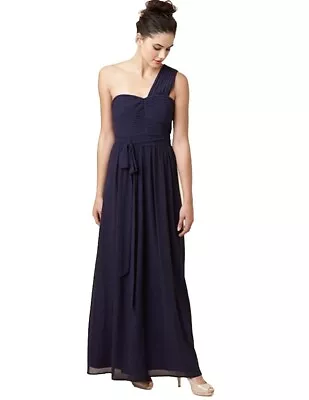 Review Dress Long Formal One Shoulder Blue Chiffon Pleated - Size M NWOT • $34.95
