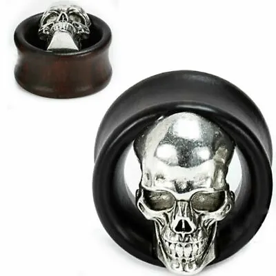 Ear Plugs Gauges Black Areng Wood Steel Skull Double Saddle Organic Natural • $10.99