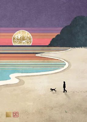 £2.90 • Buy Dog Walker Sunset Beach Scenics Gold Foil Embossed Blank Card By Bug Art 