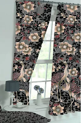HERON GREY 66  X 72  UNLINED PENCIL PLEAT CURTAINS GREY FLORAL BIRD FLOWERS • £21.99
