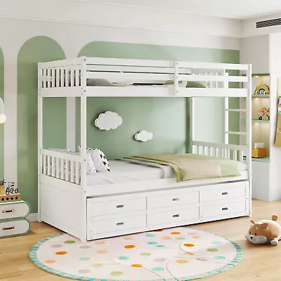 Kids Bunk Beds Single 3 Ft Solid Pine Wood Bed Frame With Trundle Bed 3 Drawers • £399.99