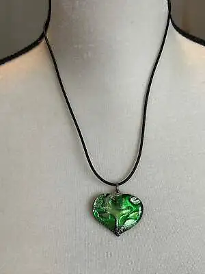 Murano Iridescent Green Black Glass Heart Pendant Necklace Cord • $19.99