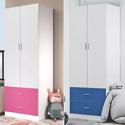 Orlando Wooden 2 Door 2 Drawer Compact Kids Wardrobe Bedroom Storage Hanging Bar • £124.99