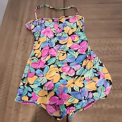 MAXINE OF HOLLYWOOD Swim Suit 10 Halter Pink Yellow Blue Floral Retro One Piece • $17.99