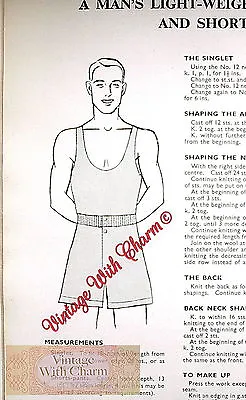 1940s Knitting Pattern Mens Lightweight Singlet Vest & Shorts Underwear • £3.69
