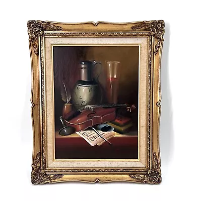 Vintage Oil Painting Joosena Still Life Violin Sheet Music Thick Wood Framed • $67.49